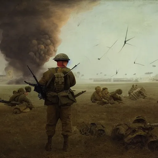 Image similar to scared shell-shocked soldier in uniform, war and explosions in the background, ptsd, world war, hell on earth, no mans land, artwork by Jan van Goyen and Jacob van Ruisdael and Hendrik Kerstens, artstation, award winning, 4k