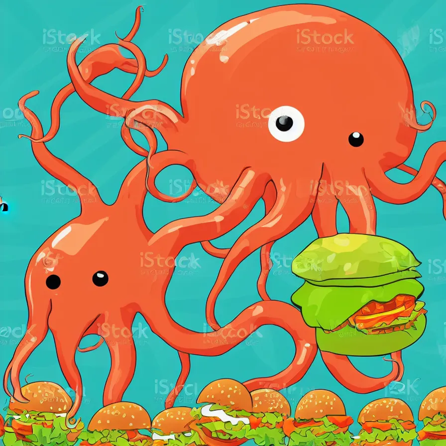 Prompt: high quality illustration of a giant octopus holding hamburger, tentacles wrapped around burger, vector art, poster, symmetry