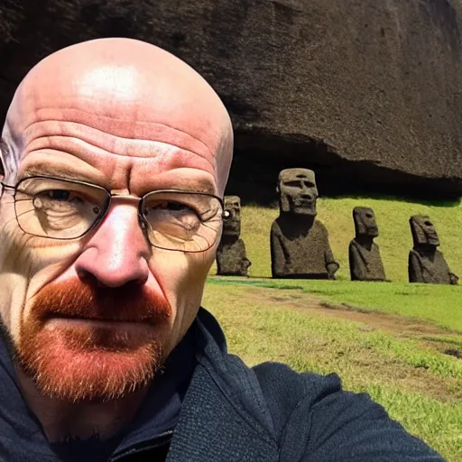 Prompt: walter white taking a selfie on rapa nui, moai