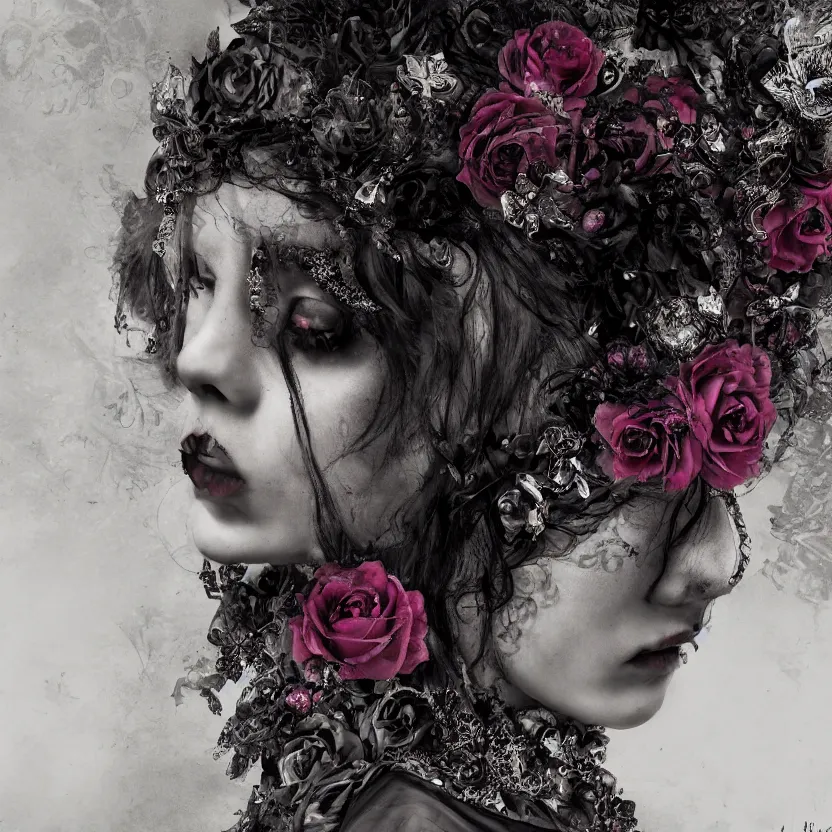 Image similar to A portrait of a Gothic goddess of floral jewels in an empty land, dark and mysterious, lively atmospheric, cinematic, 8k, 4k, ultra detail, ultra-realistic, rendered by DeviantArt