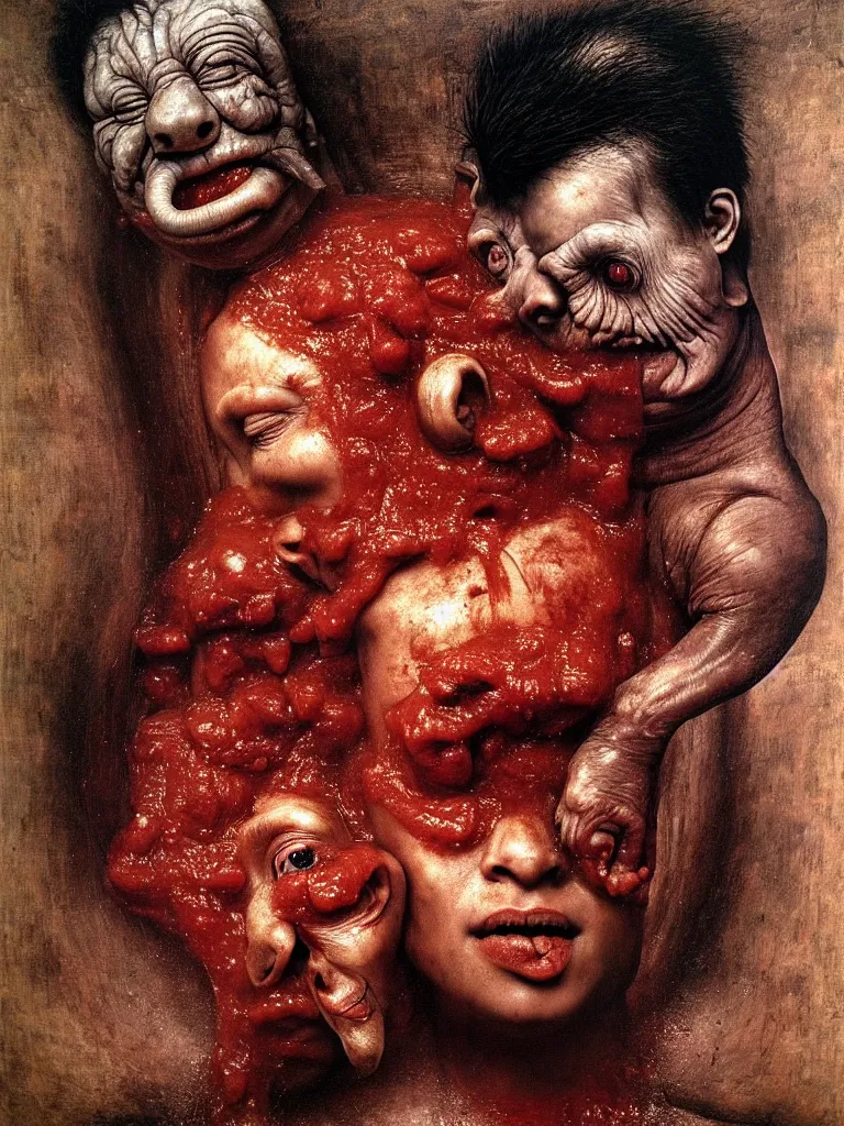 Image similar to a boy like eraserhead and elephant man sitting in a tub full of tomato sauce, looking straight into camera, screaming in desperation, by giuseppe arcimboldo and ambrosius benson, renaissance, fruit, intricate and intense oil paint, a touch of beksinski and hr giger and edward munch, realistic