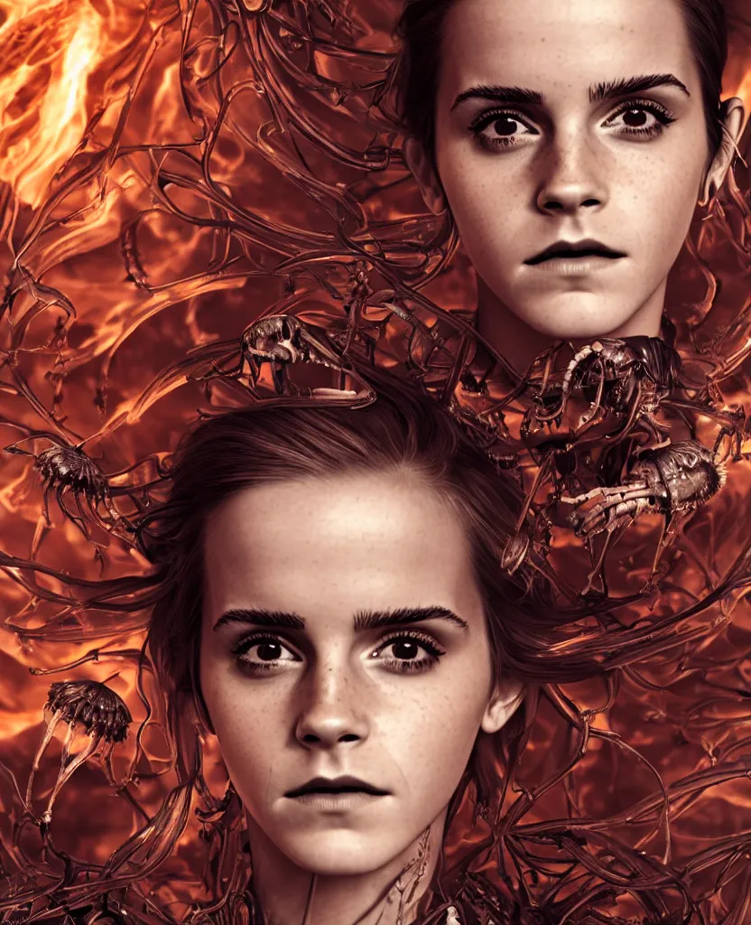 Image similar to EMMA WATSON close-up macro portrait of the face of a beautiful princess with animal skull mask and ribcage, epic angle and pose, symmetrical artwork, 3d with depth of field, blurred background, cybernetic jellyfish female face skull phoenix bird, translucent, nautilus, energy flows of water and fire. a highly detailed epic cinematic concept art CG render. made in Maya, Blender and Photoshop, octane render, excellent composition, cinematic dystopian brutalist atmosphere, dynamic dramatic cinematic lighting, aesthetic, very inspirational, arthouse. y Greg Rutkowski, Ilya Kuvshinov, WLOP, Stanley Artgerm Lau, Ruan Jia and Fenghua Zhong