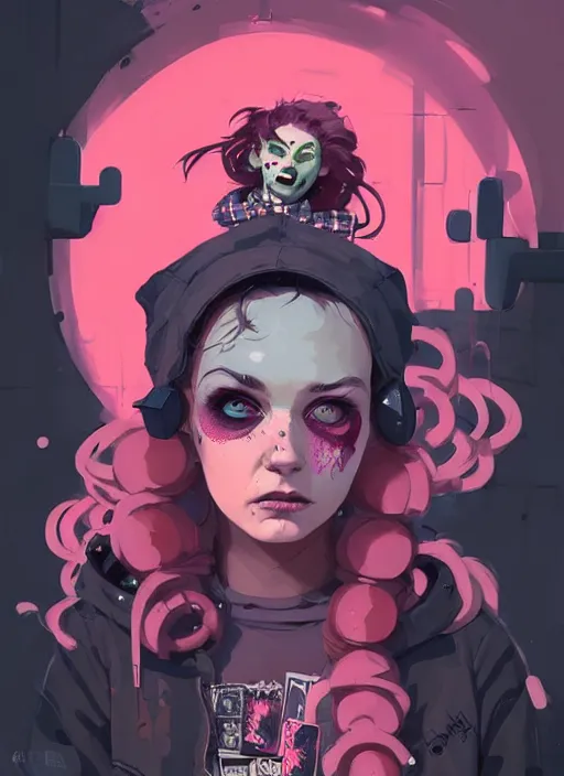 Image similar to highly detailed portrait of a sewer punk lady, tartan hoody, blonde ringlet hair by atey ghailan, by greg rutkowski, by greg tocchini, by james gilleard, by joe fenton, by kaethe butcher, gradient magenta, black, blonde cream and white color scheme, grunge aesthetic!!! ( ( graffiti tag wall background ) )