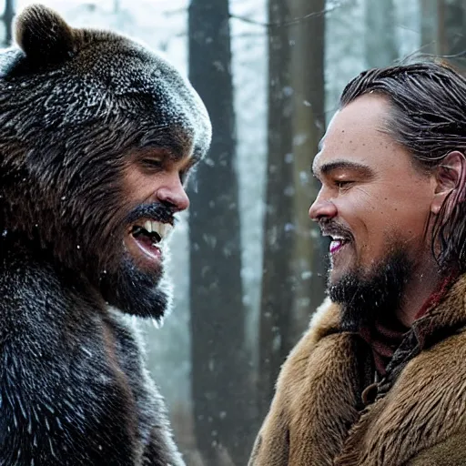 Prompt: leornado dicaprio shrugs and laughs at a bear in a scene from the revenant, beautiful cinematic photography
