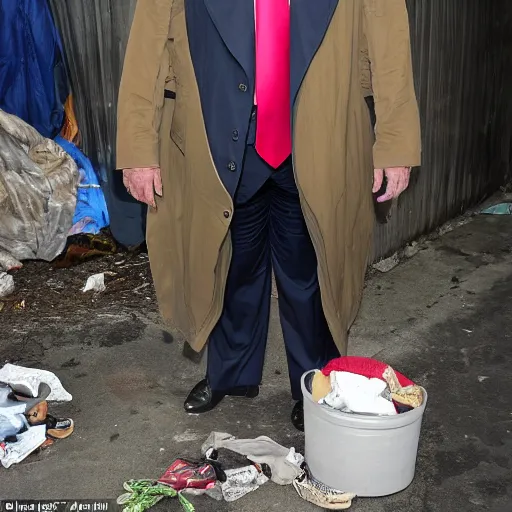 Image similar to donald trump dressed as a homeless man living in the slums