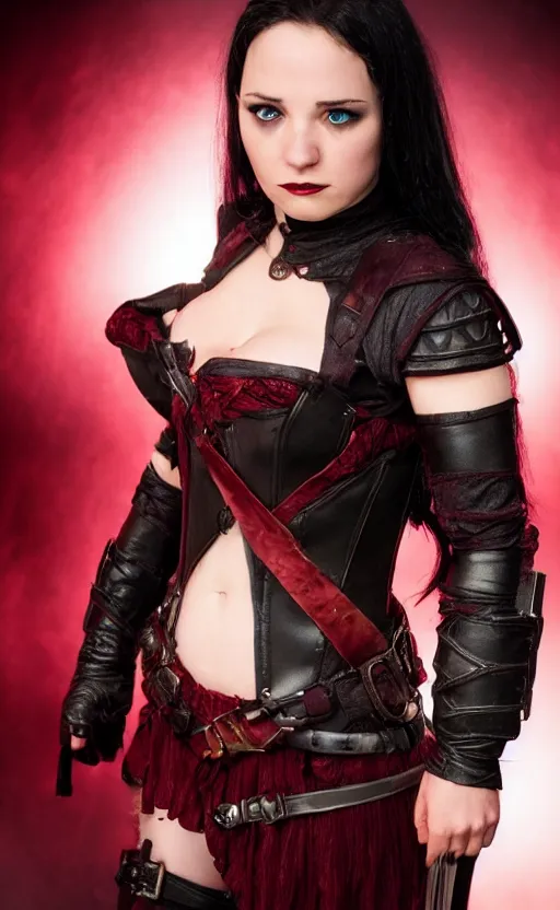 Image similar to epic fantasy d & d female halfling rogue, black hair, red leather corset, cinematic, beautiful lighting, heroic