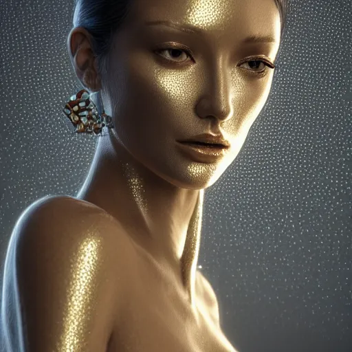 Image similar to a highly detailed digital image of a silver covered elegantly posed futuristic woman beautifully intertwined in golden liquid like leaves shot, full body shot, by Andrew Chiampo, artstation, and Frederik Heyman, extremely detailed woman, stunning volumetric lighting, hyper realism, fantasy 4k