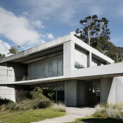 Image similar to second story elevated white brutalist home perched atop 2 equidistant separated large piers, double cantilevered design, large windows, elegant, white stone, proportion, golden ratio, epic composition, steel window mullions, cars parked underneath