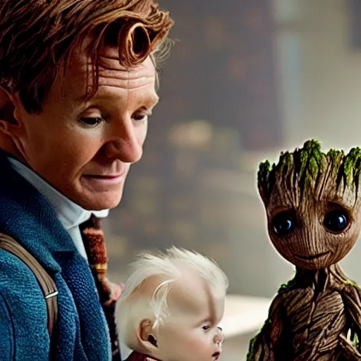 Image similar to newt scamander taking care of baby groot from guardians of the galaxy