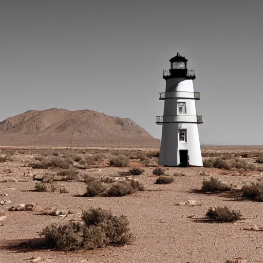 Image similar to a lighthouse in the middle of the desert, post apocalyptic