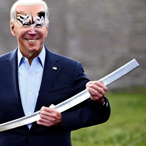 Prompt: Joe Biden holding a katana preparing for battle, full body pose, AP photography