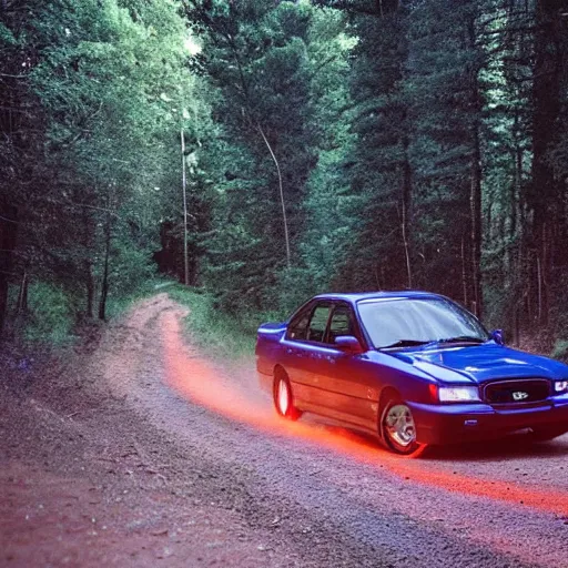 Prompt: Blue 1999 Subaru WRX driving down dirt road perfect composition twilight glowing red taillights cinematic movie still