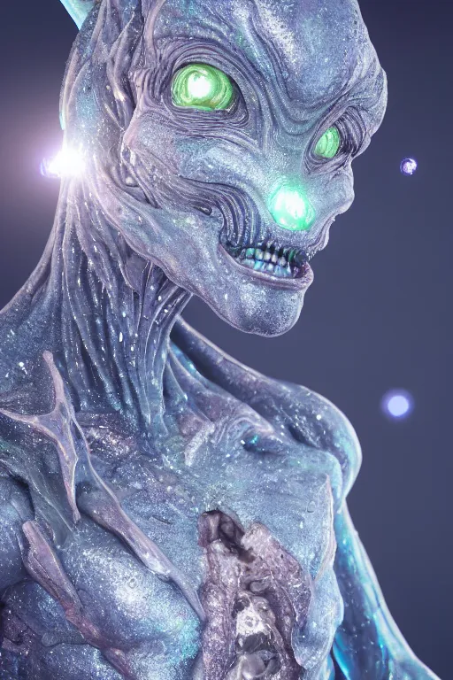 Image similar to skin concept alien, in full growth, mineral crystals instead of skin, magical crystals, smoky crystals, translucent crystals, luminous sparkling crystals, many details, 3 d, cinematic, hyper realism, high detail, octane render