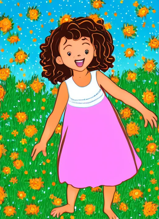 Prompt: line art of a cute little girl with short curly brown hair with a happy expression wearing a summer dress dancing with fireflies