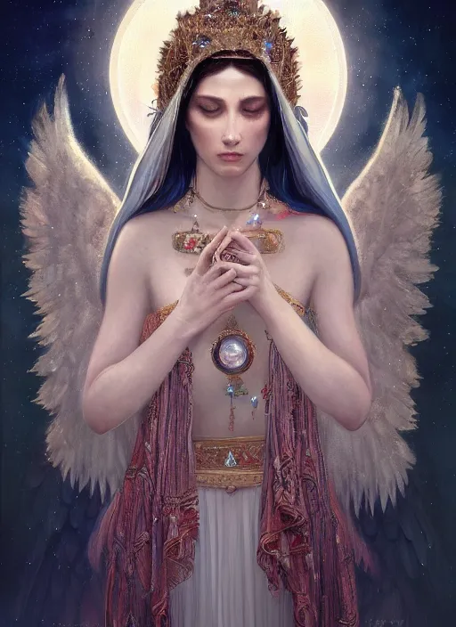 Image similar to A beautiful digital painting of a female Seraphim full of jewels, princess, the moon behind her, intricate, cinematic lighting, highly detailed, digital painting, Artstation, concept art, smooth, sharp focus, illustration, art by Tom Bagshaw, Artgerm and Greg Rutkowski