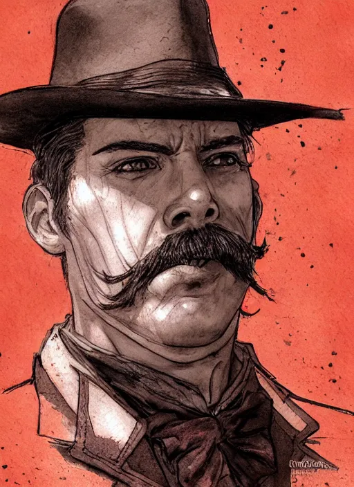 Image similar to portrait, Doc Holiday from Tombstone, watercolor, dramatic lighting, cinematic, establishing shot, extremely high detail, foto realistic, cinematic lighting, pen and ink, intricate line drawings, by Yoshitaka Amano, Ruan Jia, Kentaro Miura, Artgerm, post processed, concept art, artstation, matte painting, style by eddie mendoza, raphael lacoste, alex ross