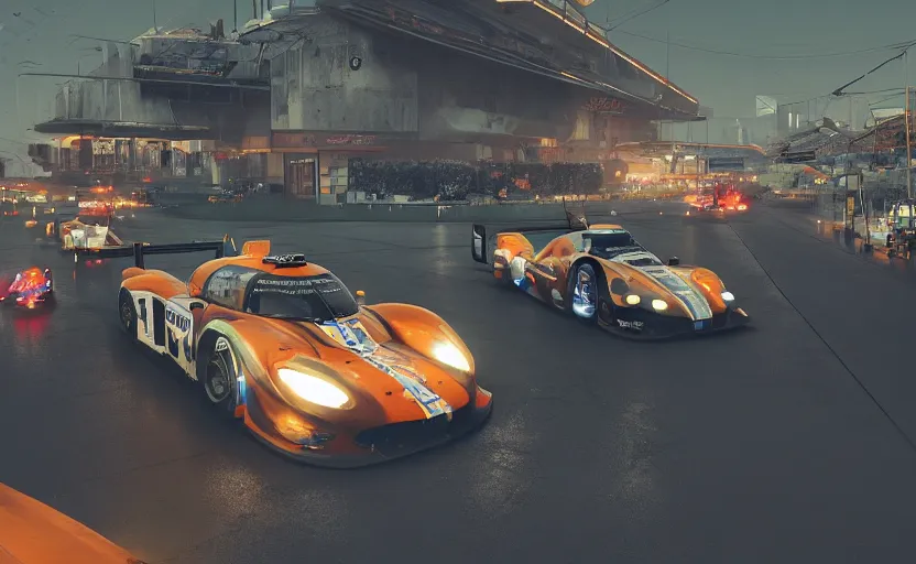 Prompt: LeMans Racecars racing, high movement photography, rendered by Beeple, Berkey, John, Makoto Shinkai, syd meade, simon stålenhag, synthwave style, environment concept, digital art, unreal engine, WLOP, trending on artstation, 4K UHD image, octane render,