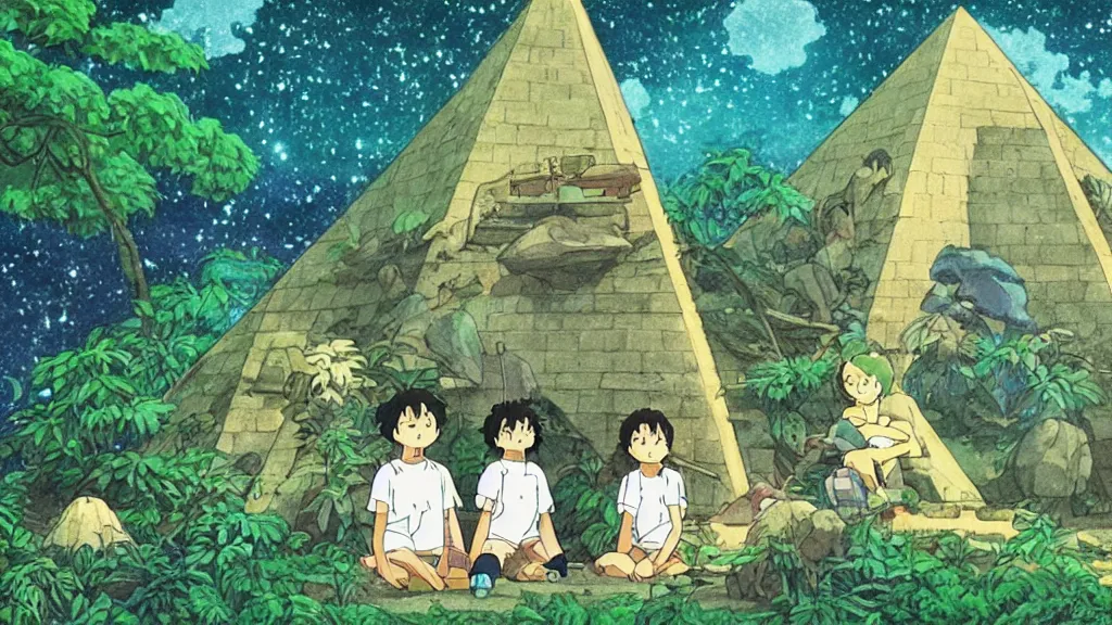 Image similar to a movie still from a studio ghibli film showing a glowing pyramid in the rainforest. a group of giant aliens meditate outside on a misty and starry night. by studio ghibli