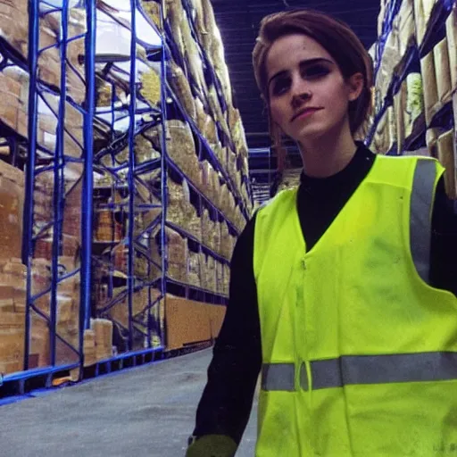 Prompt: photo, close up, emma watson in a hi vis vest, in warehouse, disposable camera,