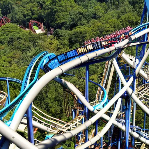 Image similar to at the peak of a rollercoaster track looking down at the drop, exhilarating, hands up in the air, beautiful horizon, theme park, Six Flags, sunny day