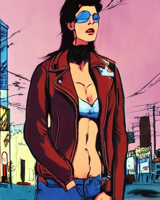 Image similar to young female protagonist in leather jacket, city street, artwork by ralph bakshi