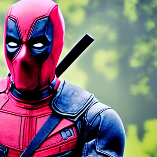 Prompt: Deadpool wearing a pink tutu doing a ballerina pose, holding his bloody katana, smiling at the viewer