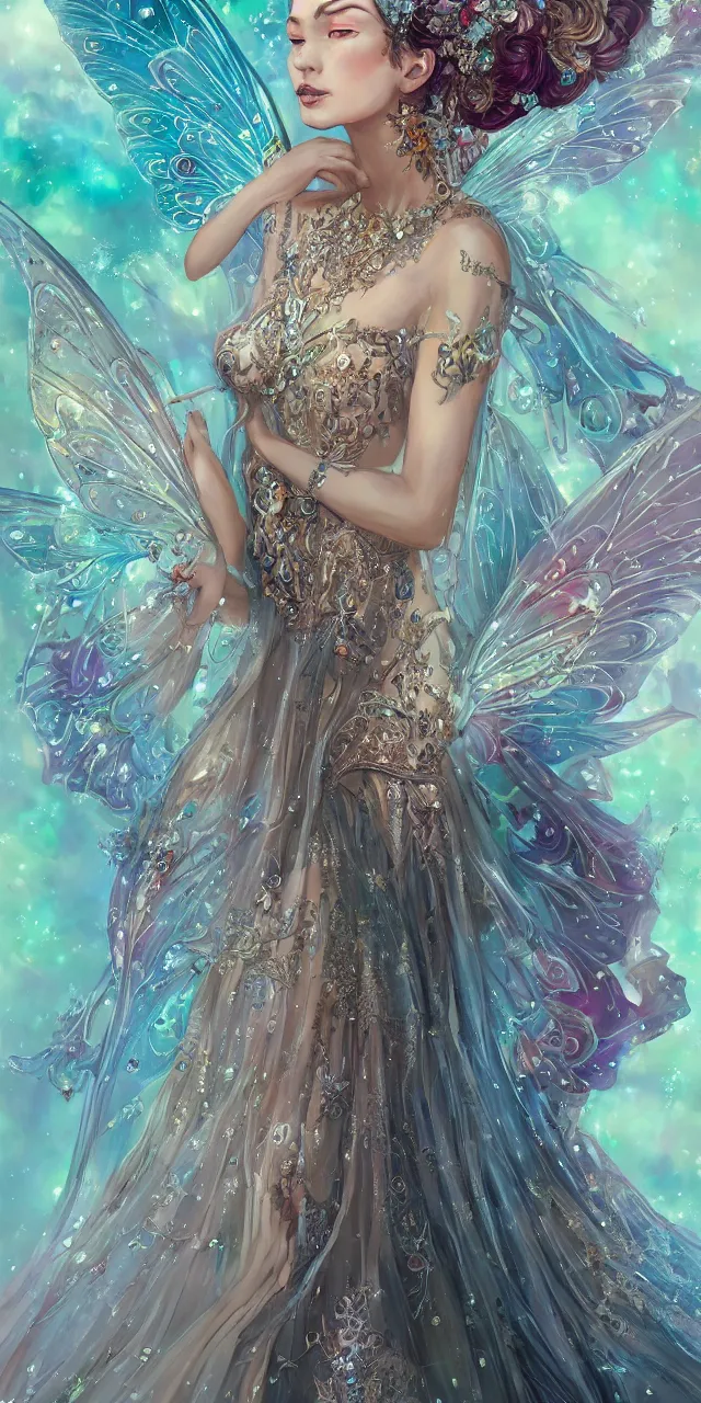 Image similar to full body portrait of a beautiful fairy queen with ornate bejewelled long dress by Anna Dittmann and Rossddraws, digital art, trending on artstation, anime arts, featured on Pixiv, HD,8K, highly detailed, good lighting, beautiful, fairy, epic, masterpiece.