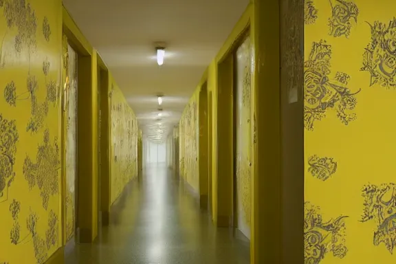 Image similar to an endless space of hallways with old yellow wallpaper from the 1970s lit by fluorescent lights