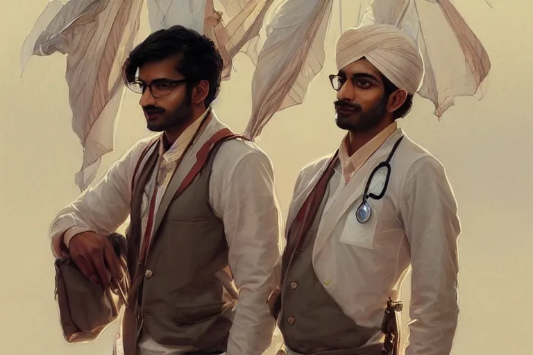 Image similar to Anxious good looking pale young Indian doctors wearing American clothes at the airport, portrait, elegant, intricate, digital painting, artstation, concept art, smooth, sharp focus, illustration, art by artgerm and greg rutkowski and alphonse mucha