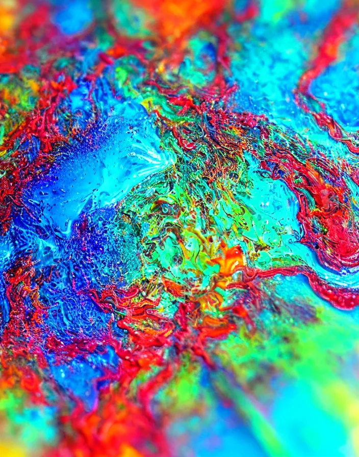 Prompt: a macro photo of acrylic pouring with amazing color, 8k, award winning, ultra detailed, trending on instagram