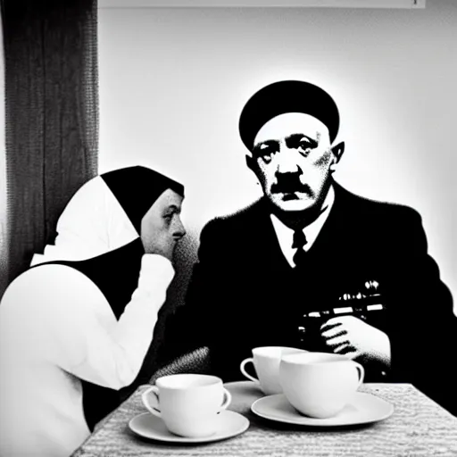 Image similar to a photo of hitler take tea with a muslim, photorealistic, realism, black and white