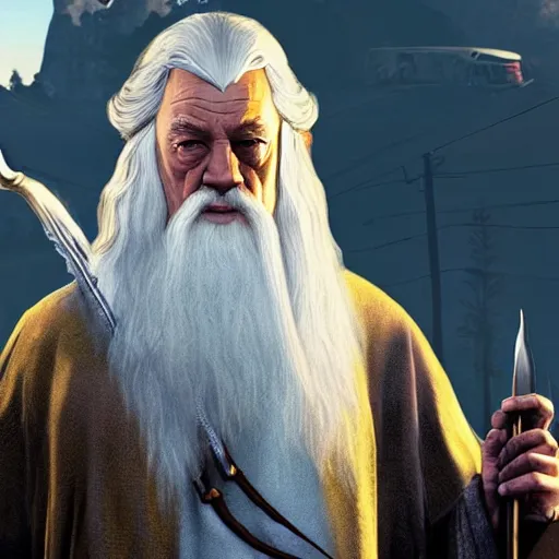 Image similar to Gandalf in GTA 5, cover art by Stephen Bliss, boxart, loading screen