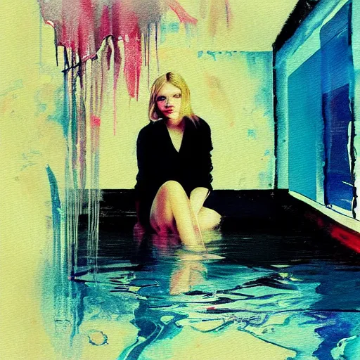 Prompt: abstract painting of Elle Fanning in a flooded house, by Bill Sienkiewicz