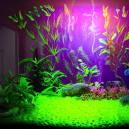 Image similar to glowing aquarium with plants inside digital art scary gothic mysterious