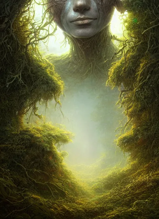 Image similar to Portrait of an Ancient overgrown Robot laying in a clearing, extremly detailed digital painting, sunlight, in the style of Tomasz Alen Kopera and Fenghua Zhong and Peter Mohrbacher, mystical colors, rim light, beautiful lighting, 8k, stunning scene, raytracing, octane, trending on artstation