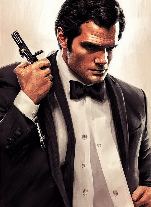 Image similar to portrait of henry cavill as james bond, casino, raining poker, key art, highly detailed, digital painting, artstation, concept art, cinematic lighting, sharp focus, illustration, art by artgerm and greg rutkowski and alphonse mucha