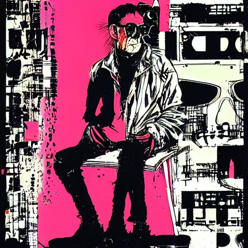 Image similar to Graphic Illustration, Creative Design, minimalist background, techwear, Cyberpunk, Portrait, Character Design, graffiti, by Ralph Steadman, Francis Bacon, Hunter S Thompson