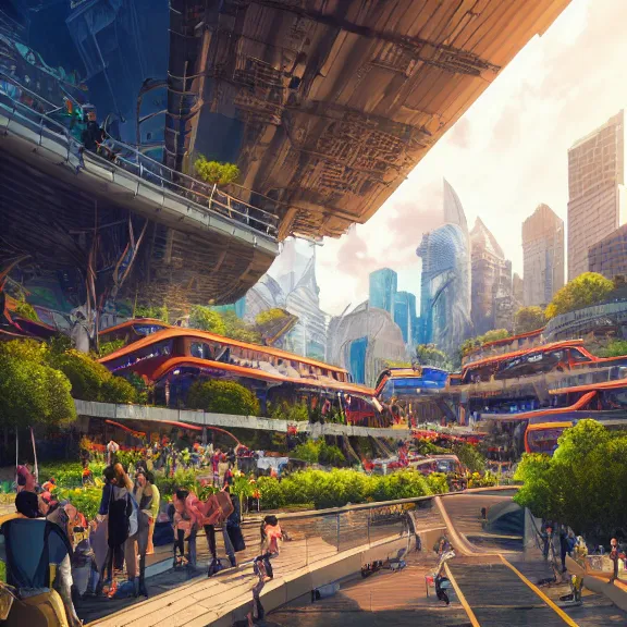 Image similar to environment concept art location of a giant outdoor amphitheater in a sci-fi eco-city, skybridges, turrets, crowded, hundreds of pedestrians, sunbeams, bold bright colors, unreal engine, detailed, octane render, 4k, photorealistic, cinematic lighting