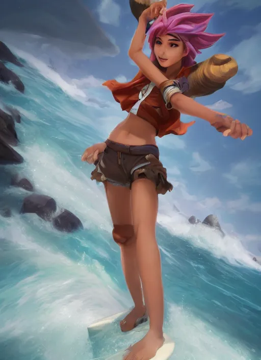 Image similar to youthful taliyah, from league of legends, au naturel, surfing a rock, with abs, hyper detailed, digital art, trending in artstation, cinematic lighting, studio quality, smooth render, unreal engine 5 rendered, octane rendered, art style by klimt and nixeu and ian sprigger and wlop and krenz cushart