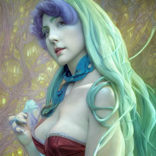 Image similar to Masterpiece head and shoulders portrait of Jinx from League of Legends of Arcane animated Series drawn by Donato Giancola and Makoto Shinkai, Edmund Leighton, Alphonse Mucha, background by James Jean and Gustav Klimt, 4k, porcelain skin, volumetric lighting, komorebi, french nouveau, trending on artstation, octane render, hyperrealistic