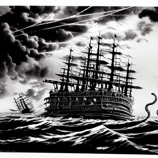 Image similar to a highly detailed hyperrealistic scene of a ship being attacked by giant squid tentacles, jellyfish, squid attack, dark, voluminous clouds, thunder, stormy seas, pirate ship, dark, high contrast, yoji shinkawa, scary, m.c. Escher, highly detailed, brutal, beautiful, octopus arms attacking the ship from the storm, illusion, artgerm