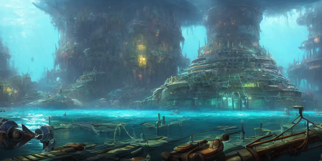 Image similar to a concept art of an underwater civilization by tyler edlin, trending on artstation, highly detailed, atmospheric, directional lighting, cinematic