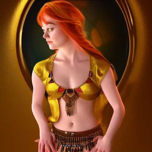 Prompt: a photorealistic portrait of actress emma stone dressed as a belly dancer, arabian night, volumetric lightening, octane render, high quality, fully detailed, 4 k, in focus sharp face with fine details, her hands by albrecht durer, inspired by belly dancer on youtube, alphonse mucha, masterpiece, stunning