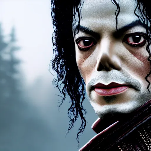 Image similar to Michael Jackson as The Witcher, 4K, epic, cinematic, focus, movie still, fantasy, serious, extreme detail, atmospheric, dark colour