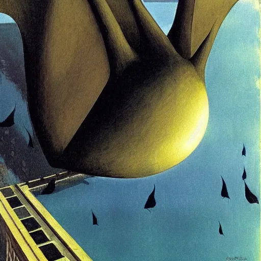 Image similar to ! dream a giant bat over ocean floor, art by rene magritte - francois schuiten - ralph mc quarrie - jean giraud