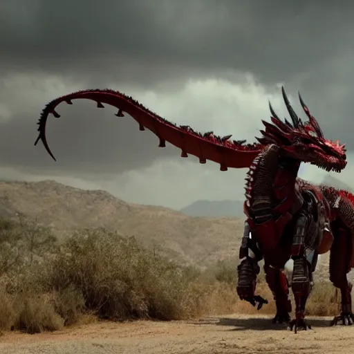 Prompt: cinematic still of westworld, a full body red stunning intricate si - fi robotic fantasy dragon, well armored mech dragon, highly detailed