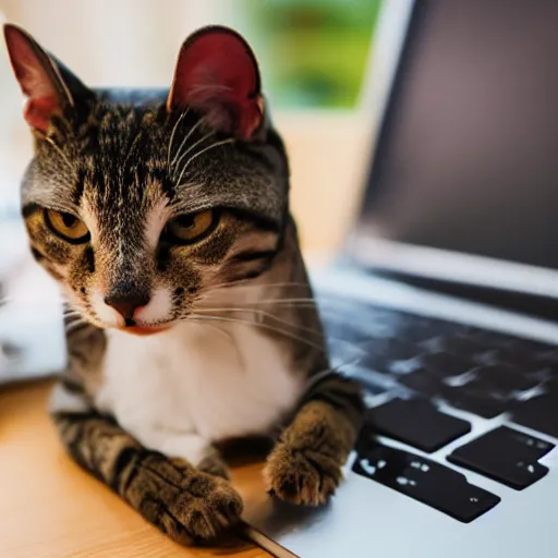 Prompt: an anthropomorphic cat looking up cat videos on a computer using mouse with paw, 85mm f1.8