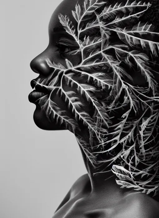 Image similar to a beautiful black woman's face in profile made of leaf and floral skeleton, in the style of the dutch masters and gregory crewdson, white hair, dark and moody aesthetic, 8 k, matte, intricate detail, hyper detailed, surrealism