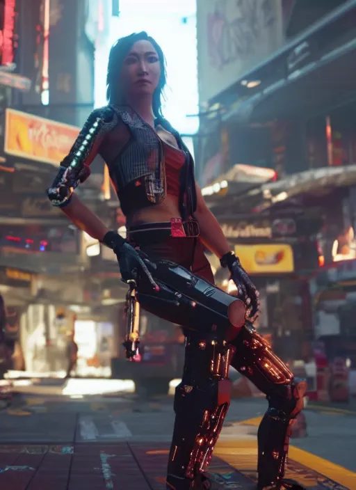 Image similar to film still of Kathryn Celestre as Johnny Silverhand in Cyberpunk 2077, gameplay, 8k, HD