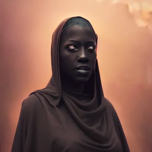 Image similar to a portrait of a young black woman wearing a long dark cloak, hood and shadows covering face, oil painting, matte painting, black background, Volumetric Golden dappled dynamic lighting, Highly Detailed, Cinematic Lighting, Unreal Engine, 8k, HD, by Beksinski